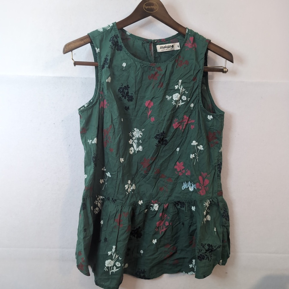 Maloja Sleeveless Floral Peplum Top Green Cotton Size M